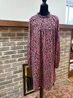 Boden Pink Paisley-Print Long Sleeve Ruffle-Neck Dress